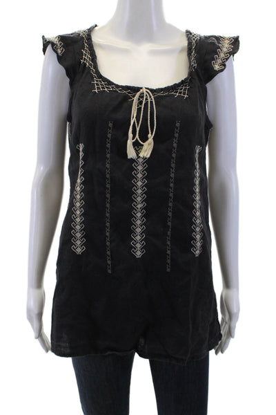 Calypso Women Bohemian Linen Sleeveless Tunic Blouse Black Drawstring Size S