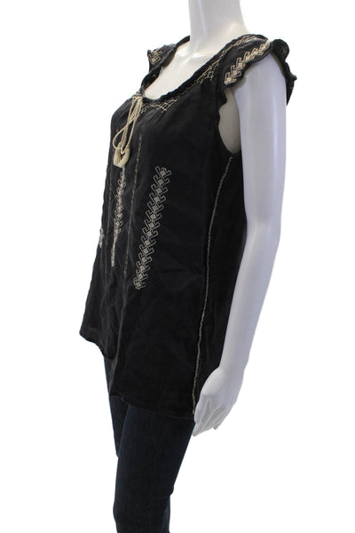 Calypso Women Bohemian Linen Sleeveless Tunic Blouse Black Drawstring Size S