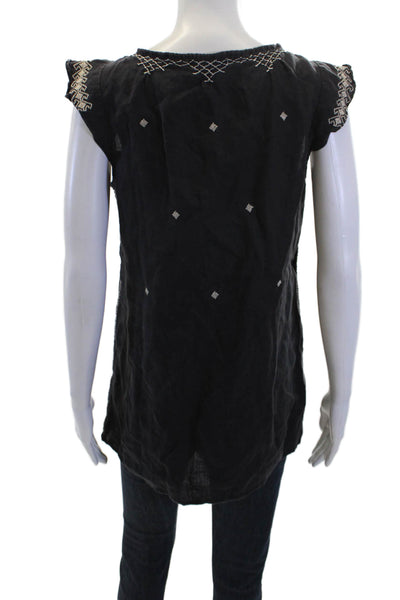 Calypso Women Bohemian Linen Sleeveless Tunic Blouse Black Drawstring Size S