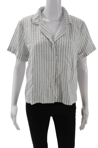 Banana Republic Womens Striped White Linen-Blend Button-Up Short Sleeve Size S