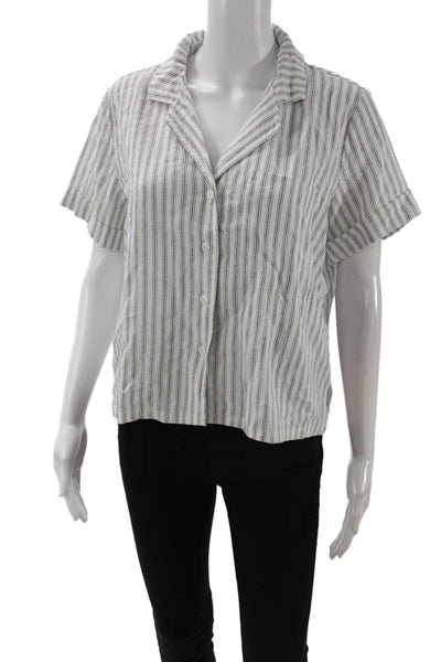 Banana Republic Womens Striped White Linen-Blend Button-Up Short Sleeve Size S