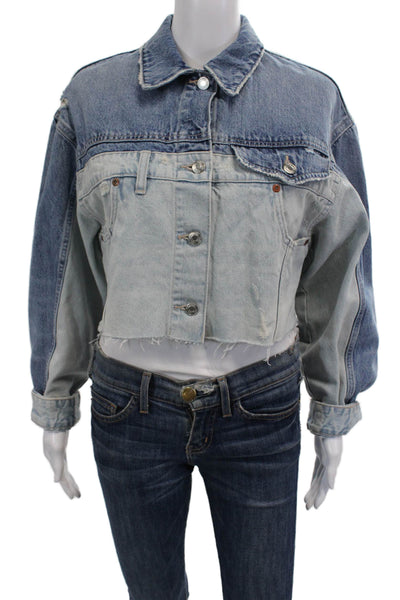 Zara Womens Two-Toned Cropped Denim Jacket Blue Size XS