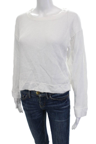 Stateside Women Basic White Cotton Crew Neck Button Long Sleeve Top Size XS