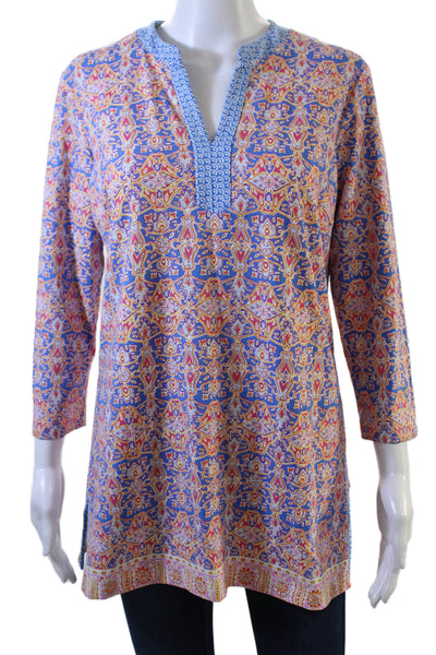 J. Mclaughlin Women Blue Geometric V-Neck Bohemian Tunic 3/4 Sleeve Size M
