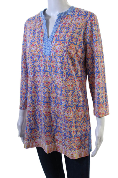 J. Mclaughlin Women Blue Geometric V-Neck Bohemian Tunic 3/4 Sleeve Size M