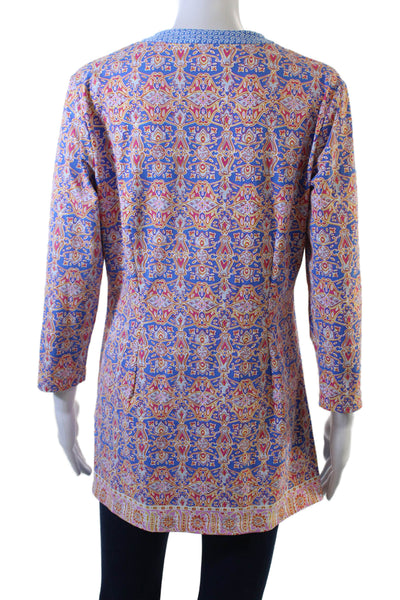 J. Mclaughlin Women Blue Geometric V-Neck Bohemian Tunic 3/4 Sleeve Size M