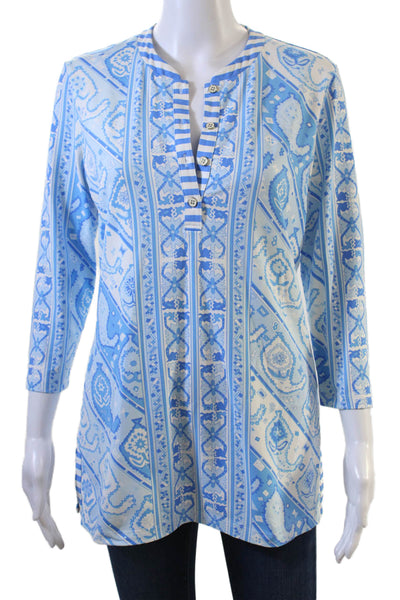 J. Mclaughlin Women Tunic Blue Geometric 3/4 Sleeve Nylon Spandex Size S
