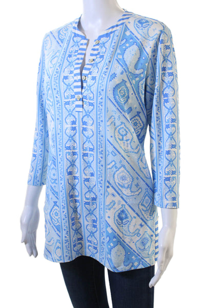 J. Mclaughlin Women Tunic Blue Geometric 3/4 Sleeve Nylon Spandex Size S