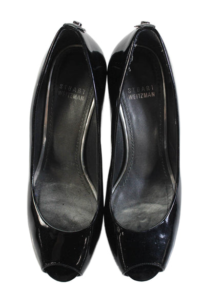 Stuart Weitzman Womens Patent Leather Open Toe Heels Pumps Black Size 7M