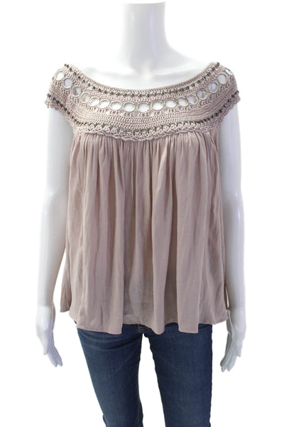 Free People Women Tunic Blouse Beige Sleeveless Round Neck Rayon Size S