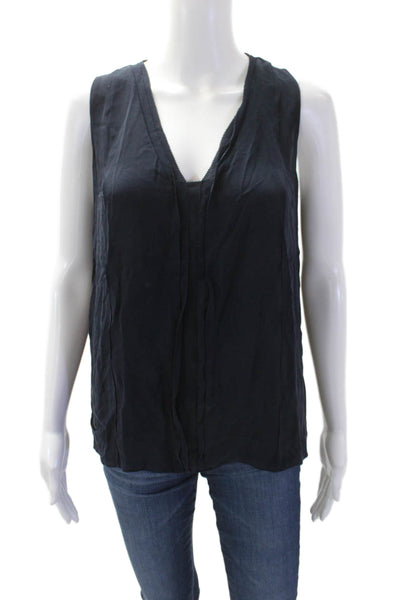 Vince Women Dark Blue Silk V-Neck Sleeveless Tank Basic Size S