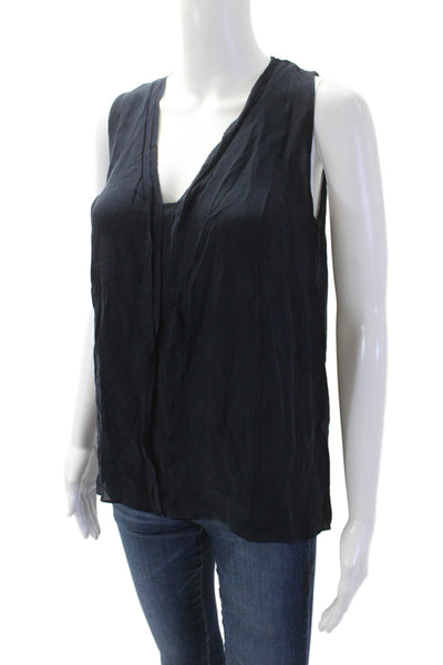 Vince Women Dark Blue Silk V-Neck Sleeveless Tank Basic Size S