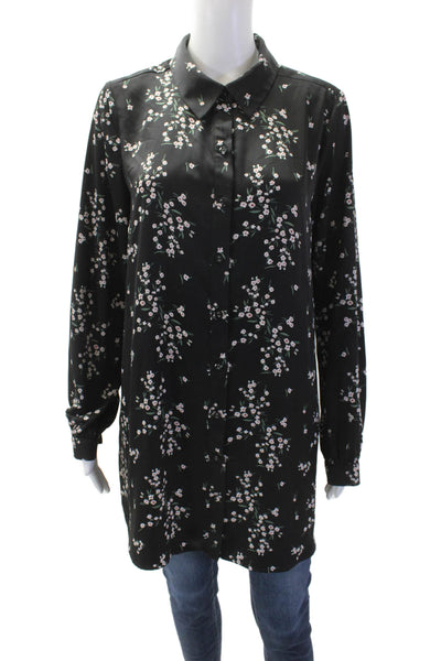 L'Academie Women Tunic Blouse Black Floral Button-Up Long Sleeve Size M