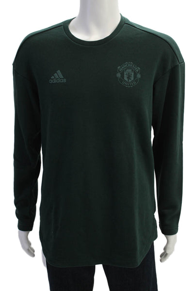 Adidas Men Pullover Sweatshirts Green Crew Neck Long Sleeve Cotton Blend Size M