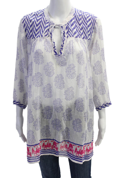 Roberta Roller Rabbit Women Tunic White Floral 3/4 Sleeve Cotton Boho Size L