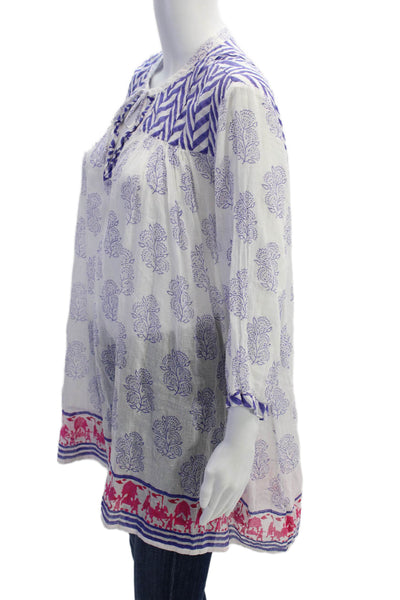 Roberta Roller Rabbit Women Tunic White Floral 3/4 Sleeve Cotton Boho Size L