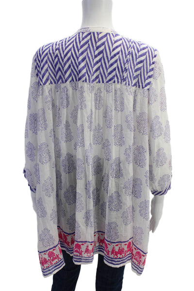 Roberta Roller Rabbit Women Tunic White Floral 3/4 Sleeve Cotton Boho Size L