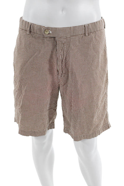 Peter Millar Mens Cotton Check Print Buttoned Casual Shorts Brown Size EUR 34
