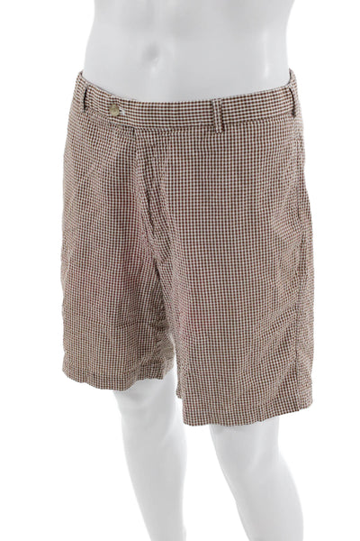 Peter Millar Mens Cotton Check Print Buttoned Casual Shorts Brown Size EUR 34