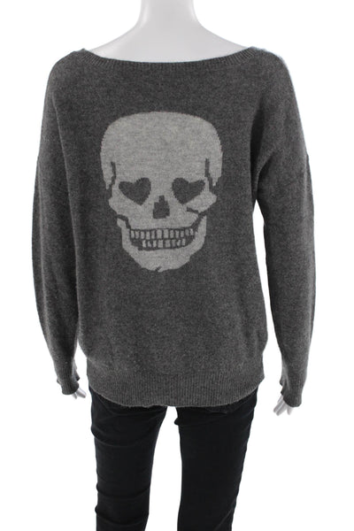 360 Sweater Womens Cashmere Scoop Neck Skull Print Sweater Top Gray Size S