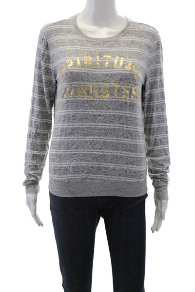Spiritual Gangster Long Sleeves Round Neck Graphic Sweater Gray Size S