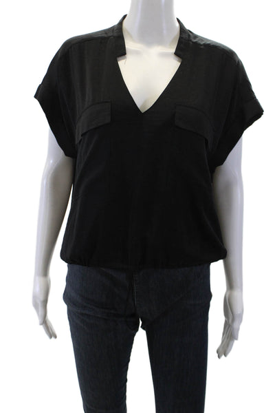 BCBGMAXAZRIA, Womens Black V-Neck Short Sleeve Basic Blouse Polyester Size S