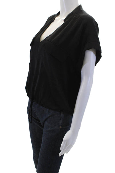 BCBGMAXAZRIA, Womens Black V-Neck Short Sleeve Basic Blouse Polyester Size S