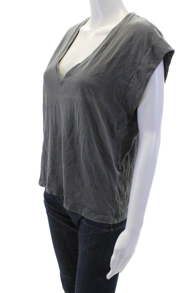 Zara Women Basic Jersey V-Neck Short Sleeve Cotton T-Shirt Dark Gray Size S