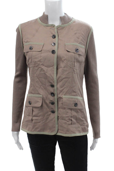 St. John Womens High Neck Multi-Pocket Button Up Jacket Taupe Size 6