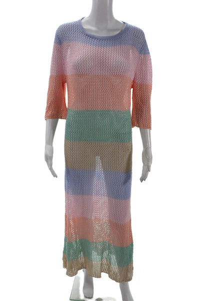 Pitusa Women Maxi Sweater Dress Light Blue Striped Crew Neck 3/4 Sleeve Size M
