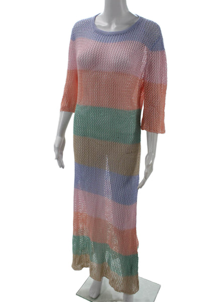 Pitusa Women Maxi Sweater Dress Light Blue Striped Crew Neck 3/4 Sleeve Size M