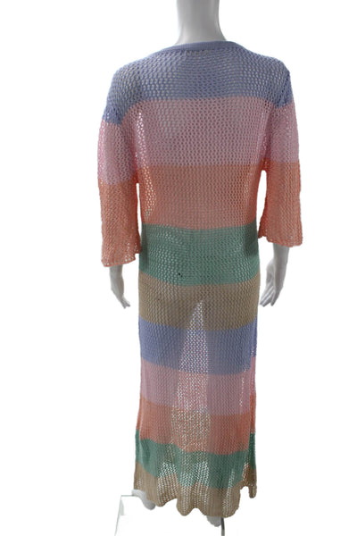 Pitusa Women Maxi Sweater Dress Light Blue Striped Crew Neck 3/4 Sleeve Size M
