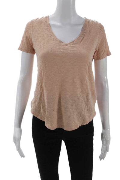 ATM Women Basic V-Neck Short Sleeve Cotton T-Shirt Beige Size XS