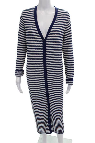 Zara Women Maxi Sweater Dress V-Neck Striped Dark Blue Long Sleeve Size S