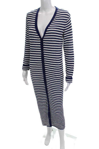 Zara Women Maxi Sweater Dress V-Neck Striped Dark Blue Long Sleeve Size S