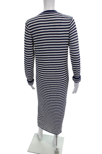 Zara Women Maxi Sweater Dress V-Neck Striped Dark Blue Long Sleeve Size S