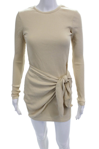 Superdown Women Bodycon Mini Dress Beige Striped Long Sleeve Tie Size XS