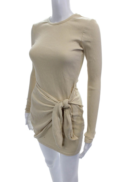 Superdown Women Bodycon Mini Dress Beige Striped Long Sleeve Tie Size XS