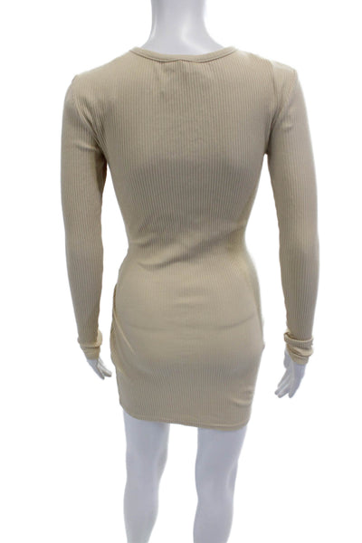 Superdown Women Bodycon Mini Dress Beige Striped Long Sleeve Tie Size XS