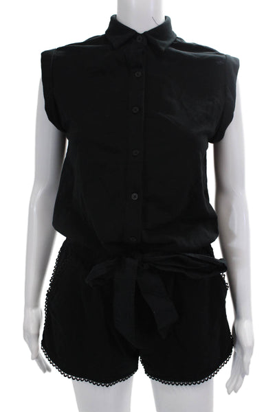 Sundays Women's Collared Sleeveless Cinch Waist Shorts Romper Black Size XS
