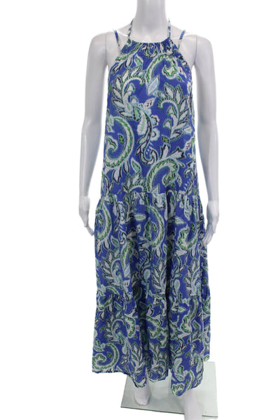 Zara Women High Neck Paisley Sundress Sleeveless Blue Cotton Boho Size XS