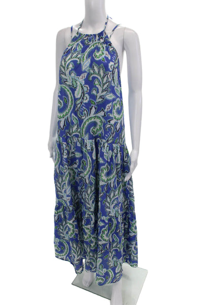 Zara Women High Neck Paisley Sundress Sleeveless Blue Cotton Boho Size XS