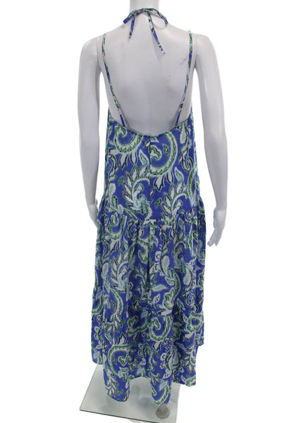 Zara Women High Neck Paisley Sundress Sleeveless Blue Cotton Boho Size XS