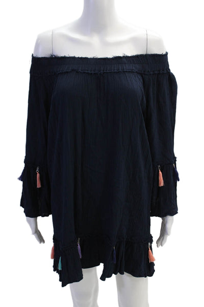 Surf Gypsy Womens Kaftan Dress Dark Blue Rayon Long Sleeve Short Size M