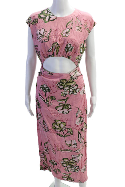Zara Women Pink Floral Shift Long Short Sleeve Round Neck Dress Size M