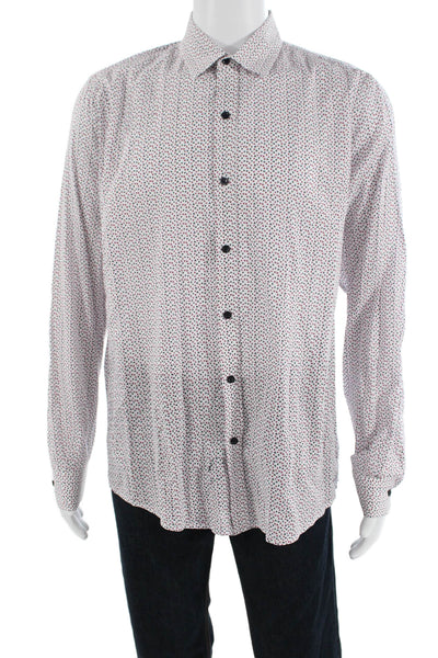 Saks Fifth Avenue Mens Cotton Geometric Print Button Down Shirt White Size L