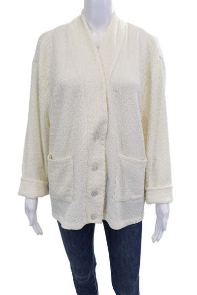 Designer Women Beige Mock Neck Button Jacket Long Sleeve Classic Size M