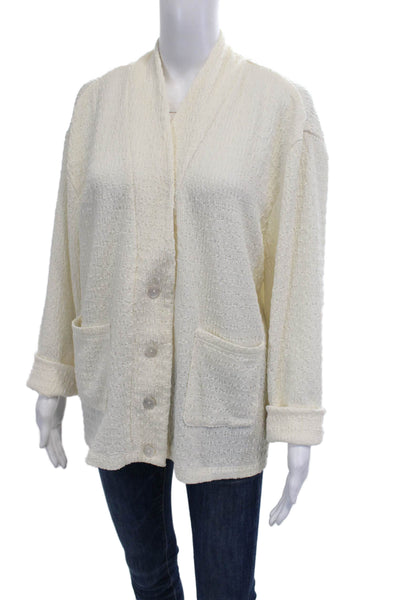 Designer Women Beige Mock Neck Button Jacket Long Sleeve Classic Size M