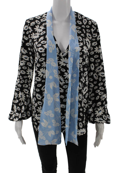 Rixo Women Kimono Silk Floral V-Neck Long Sleeve Blouse Tie Size S