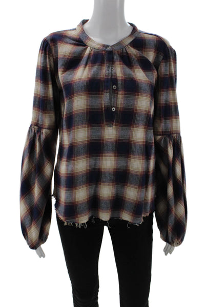 Pharaoh Womens 90s Beige Plaid Silk Button-Up Blouse Long Sleeve Size 0